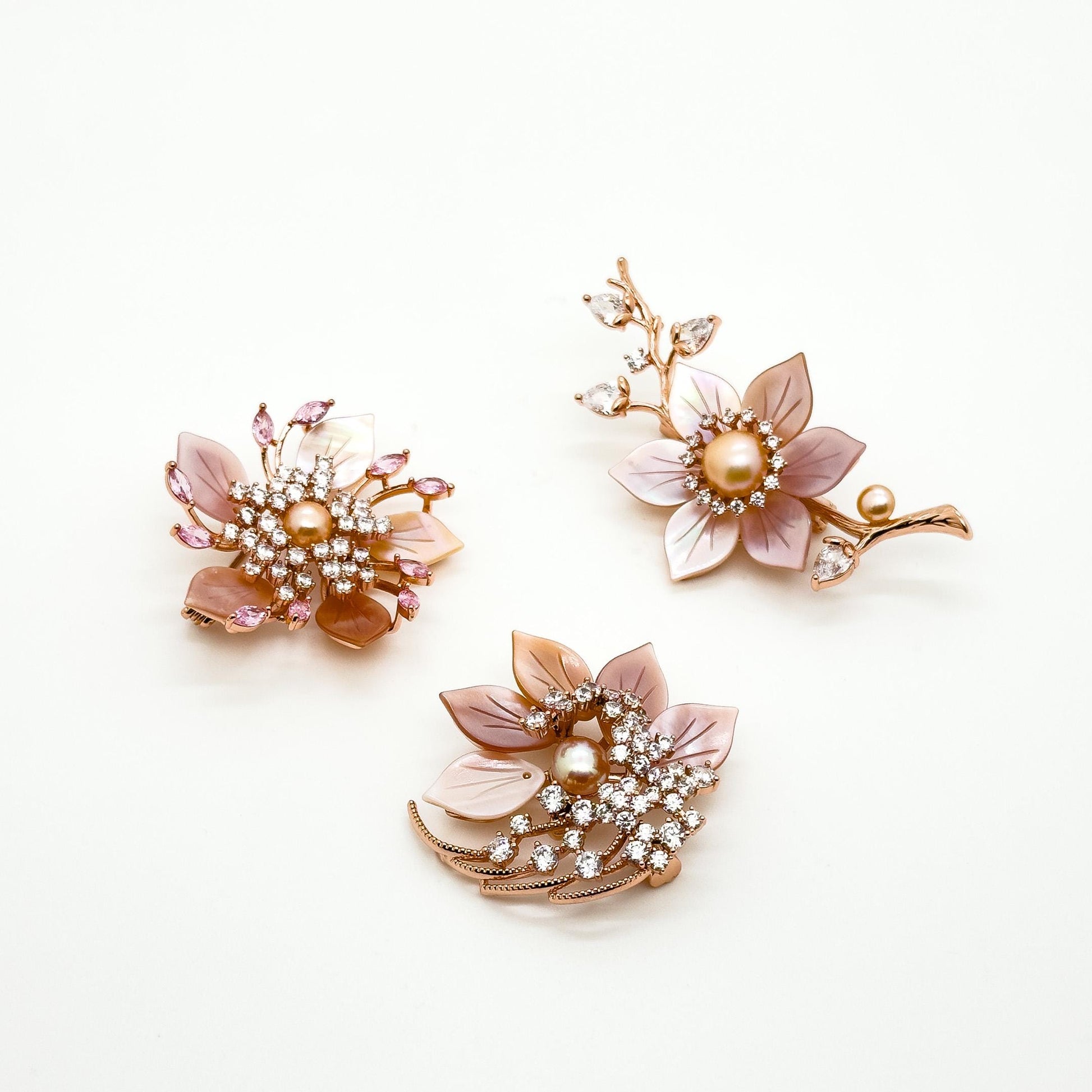 Handmade Pink Flower Brooch Shell Pearl Zircon Copper Suit Pin