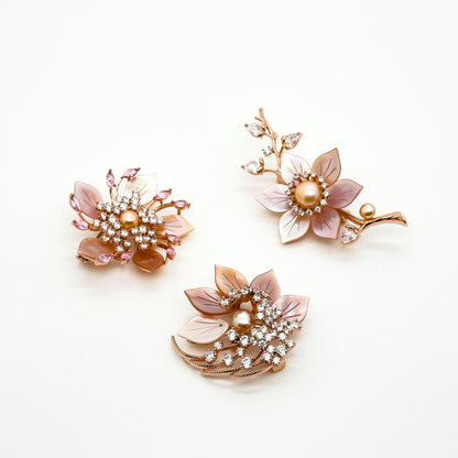 Handmade Pink Flower Brooch Shell Pearl Zircon Copper Suit Pin