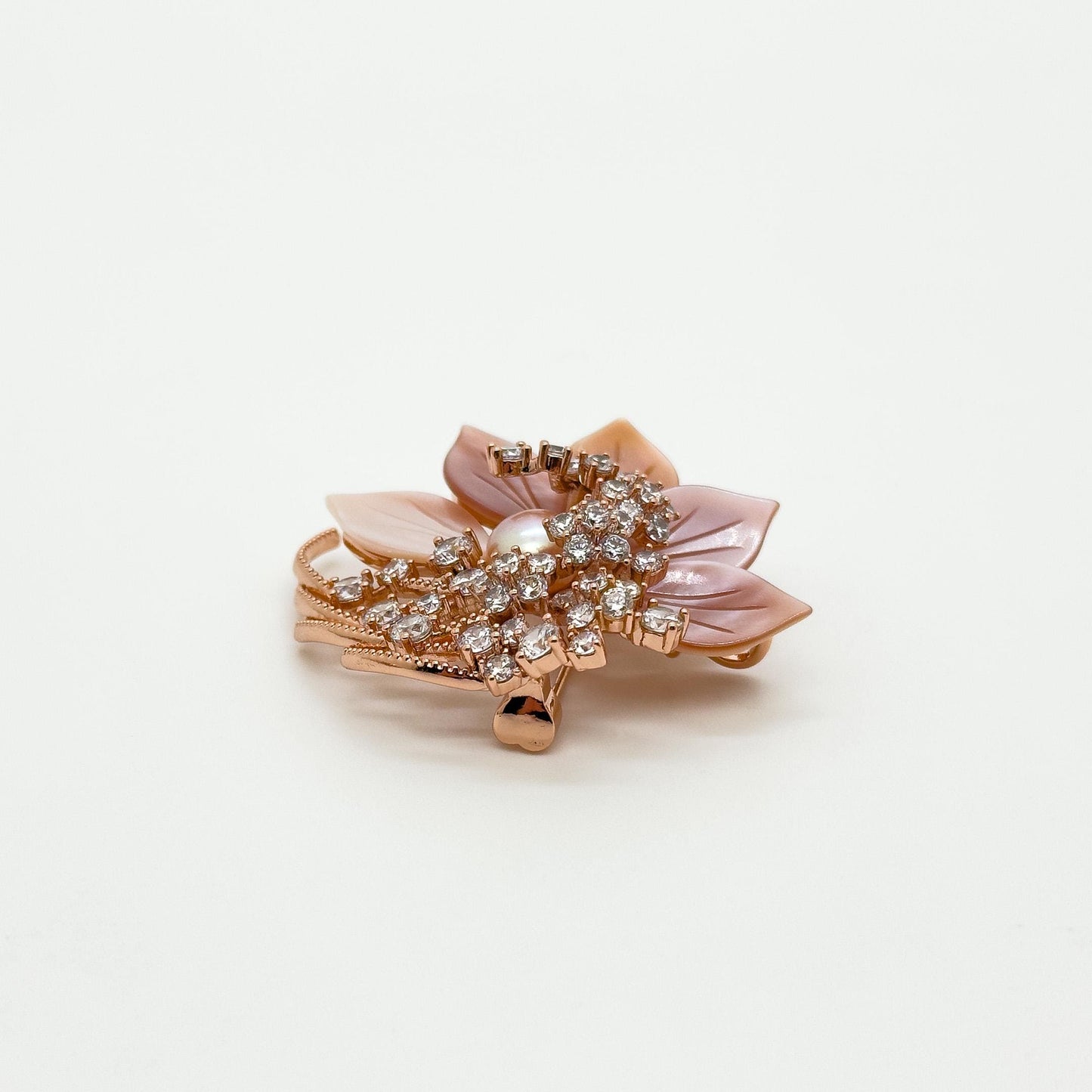 Handmade Pink Flower Brooch Shell Pearl Zircon Copper Suit Pin