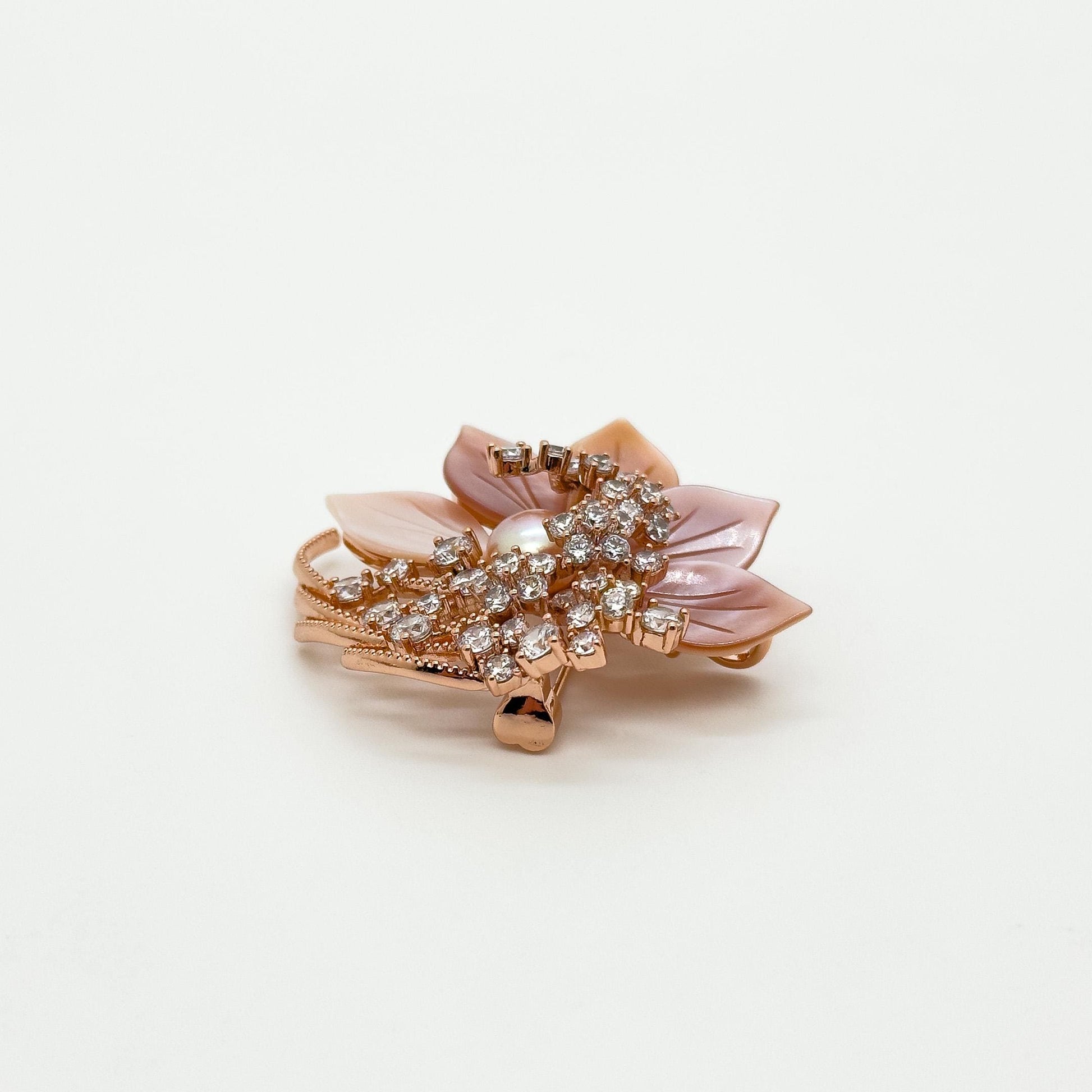 Handmade Pink Flower Brooch Shell Pearl Zircon Copper Suit Pin