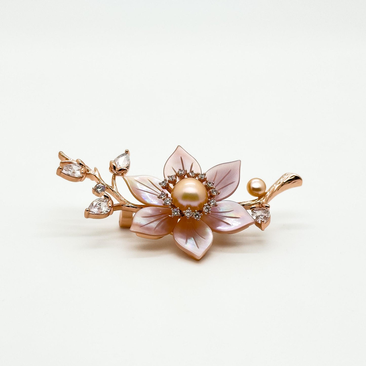 Handmade Pink Flower Brooch Shell Pearl Zircon Copper Suit Pin