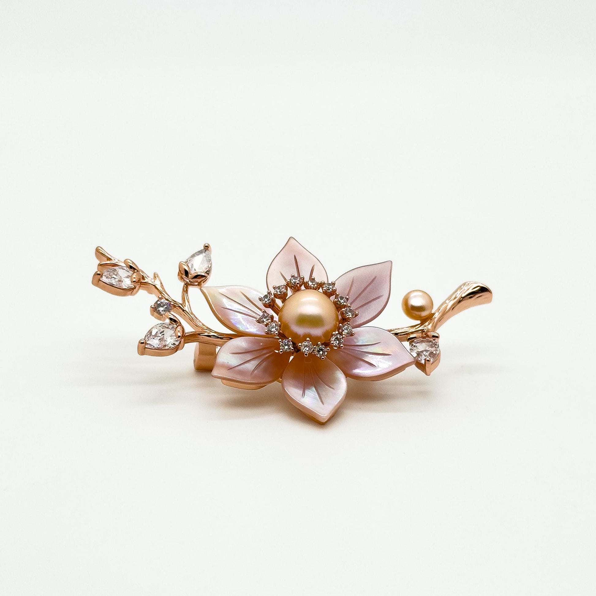 Handmade Pink Flower Brooch Shell Pearl Zircon Copper Suit Pin