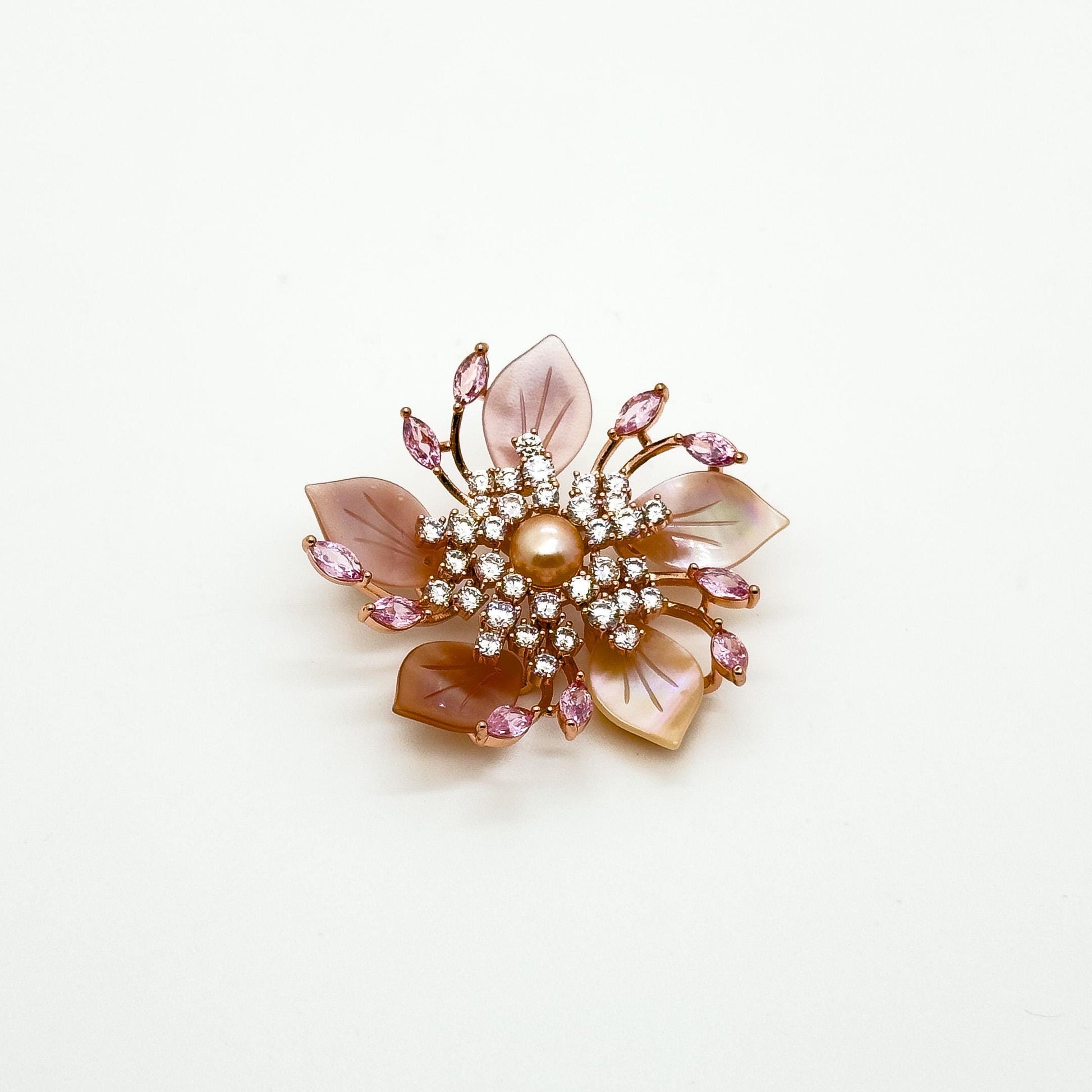 Handmade Pink Flower Brooch Shell Pearl Zircon Copper Suit Pin
