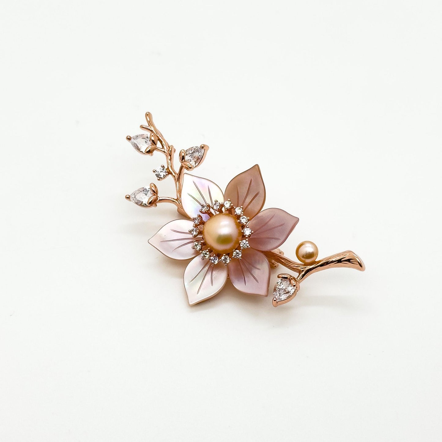 Handmade Pink Flower Brooch Shell Pearl Zircon Copper Suit Pin