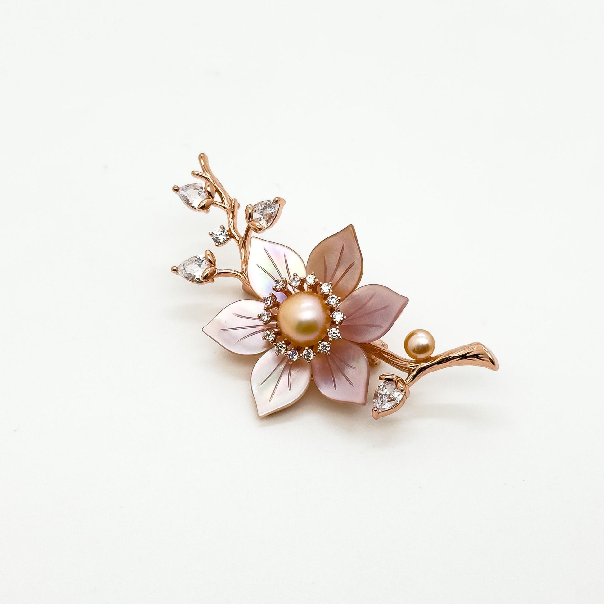 Handmade Pink Flower Brooch Shell Pearl Zircon Copper Suit Pin