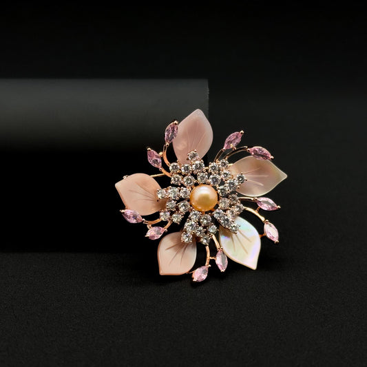 Handmade Pink Flower Brooch Shell Pearl Zircon Copper Suit Pin