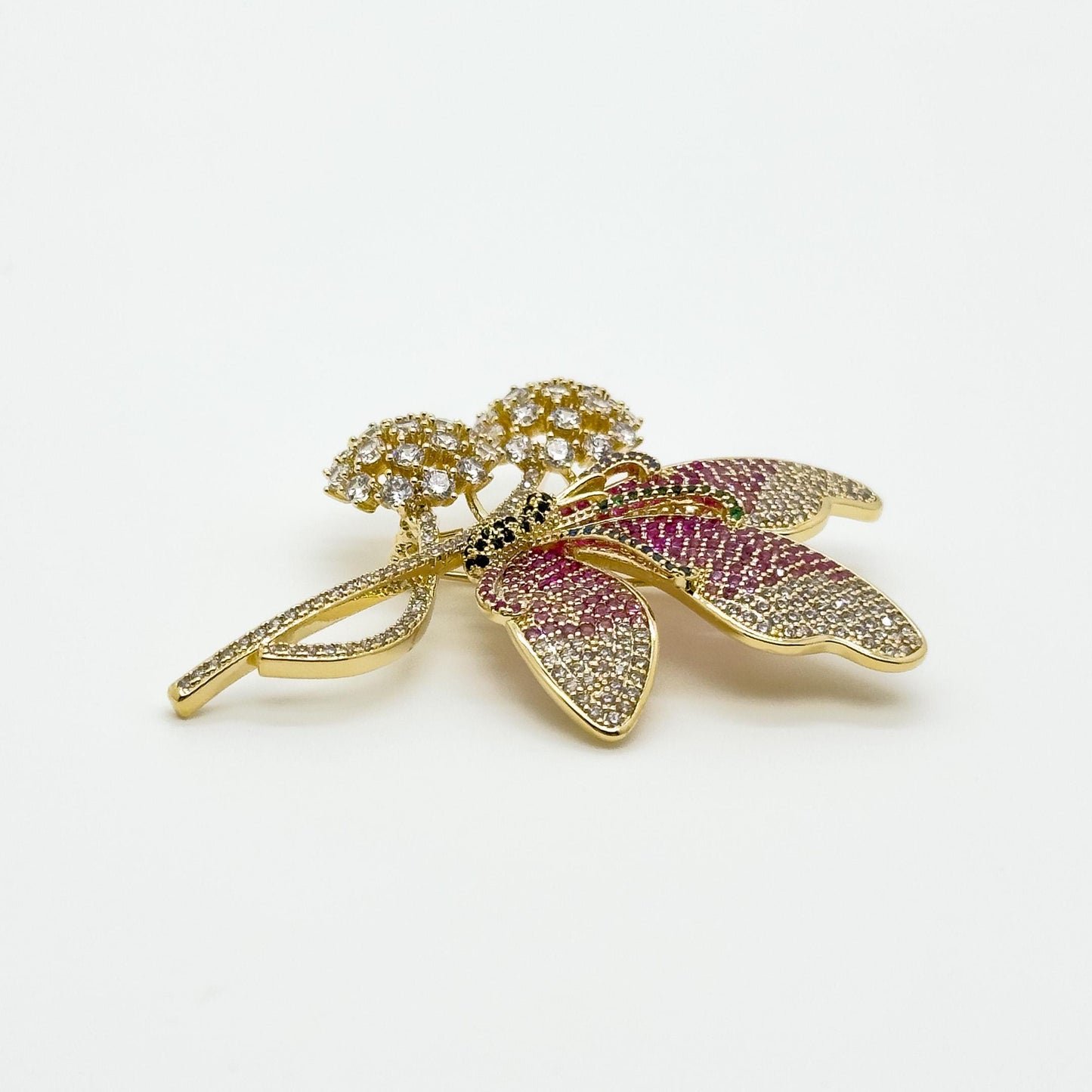 Pink Butterfly and Flower Rhinestone Brooch for Jackets