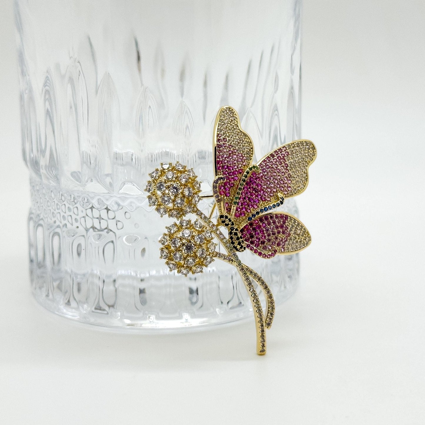 Pink Butterfly and Flower Rhinestone Brooch for Jackets