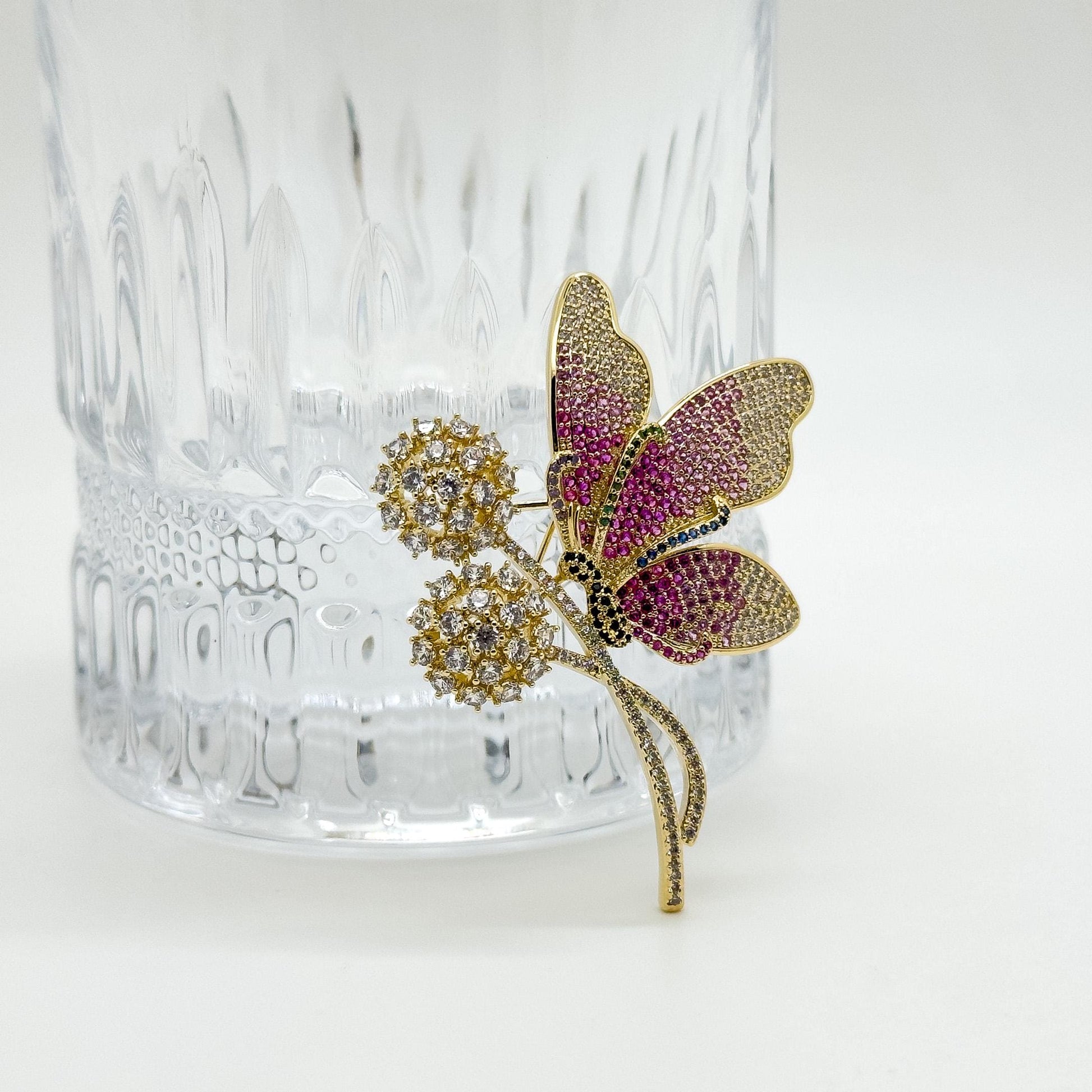 Pink Butterfly and Flower Rhinestone Brooch for Jackets
