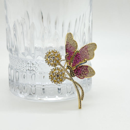 Pink Butterfly and Flower Rhinestone Brooch for Jackets