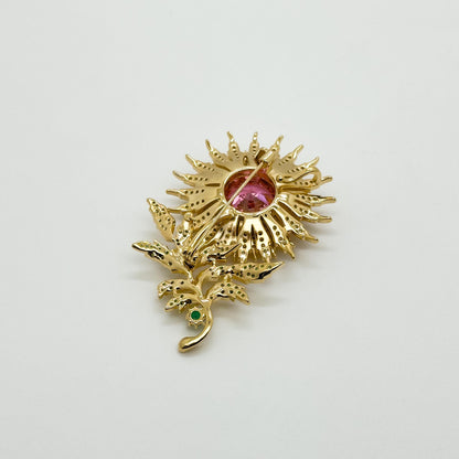 Austrian Crystal Sunflower Brooch with Rhinestones and Copper Pin