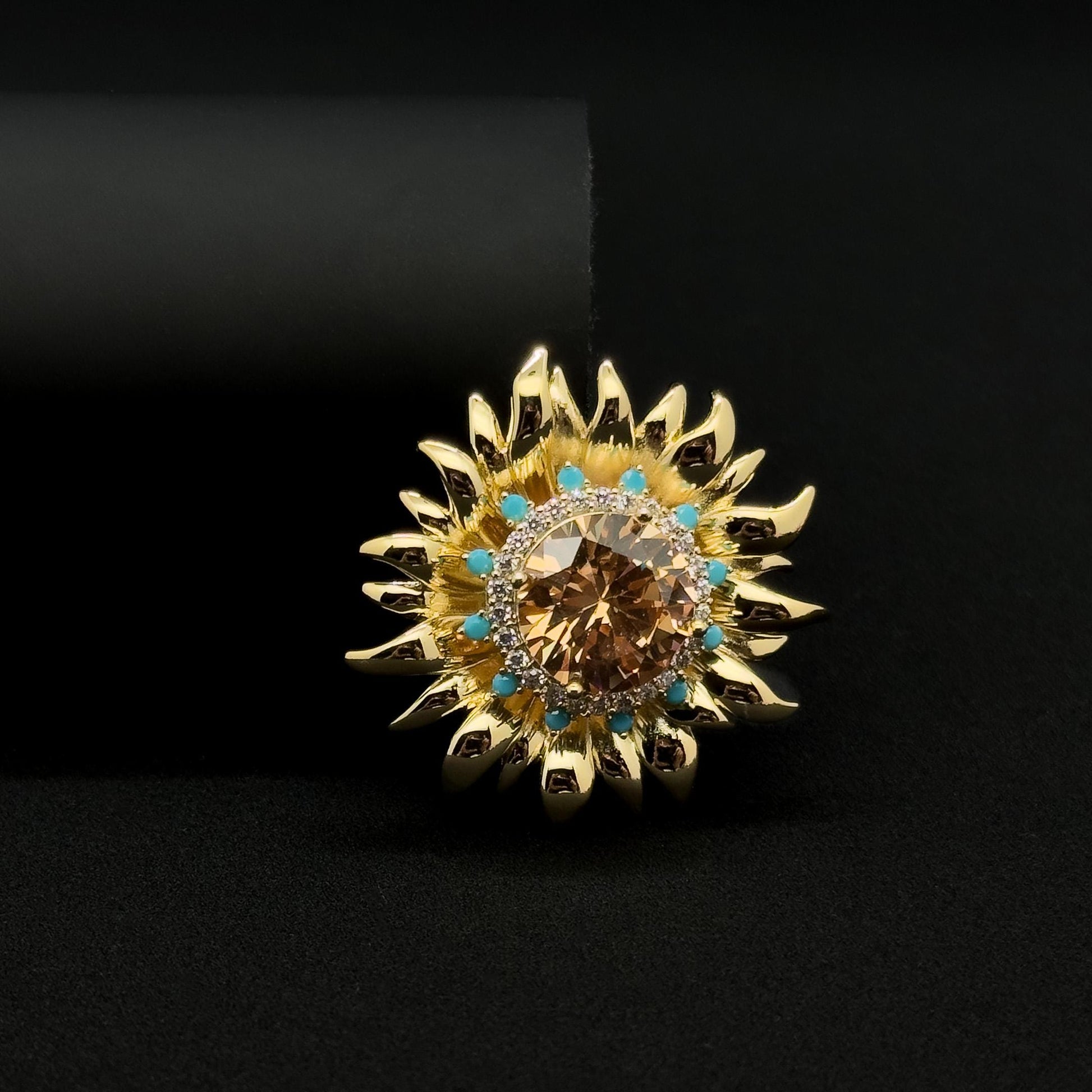 Austrian Crystal Sunflower Brooch with Rhinestones and Copper Pin