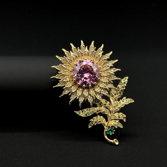 Austrian Crystal Sunflower Brooch with Rhinestones and Copper Pin
