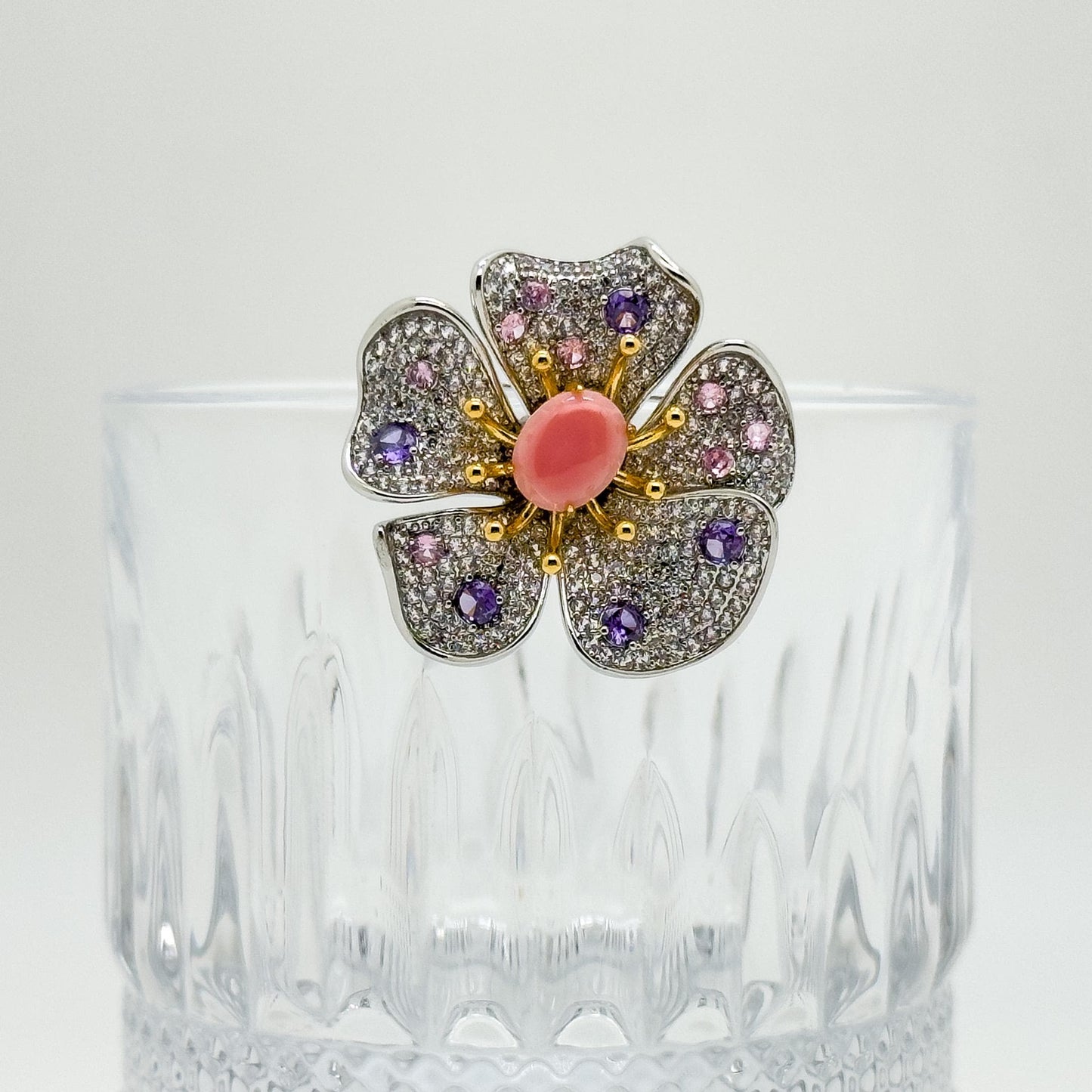 Delicate Pink Floral Crystal Brooch Pin for Suit Dress