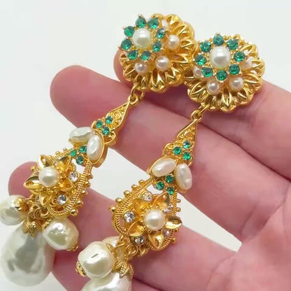 Pearl Drop Crystal Sunflower Gold-Plated Statement Earrings