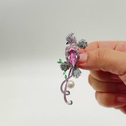 Rose Parrot Crystal Brooch